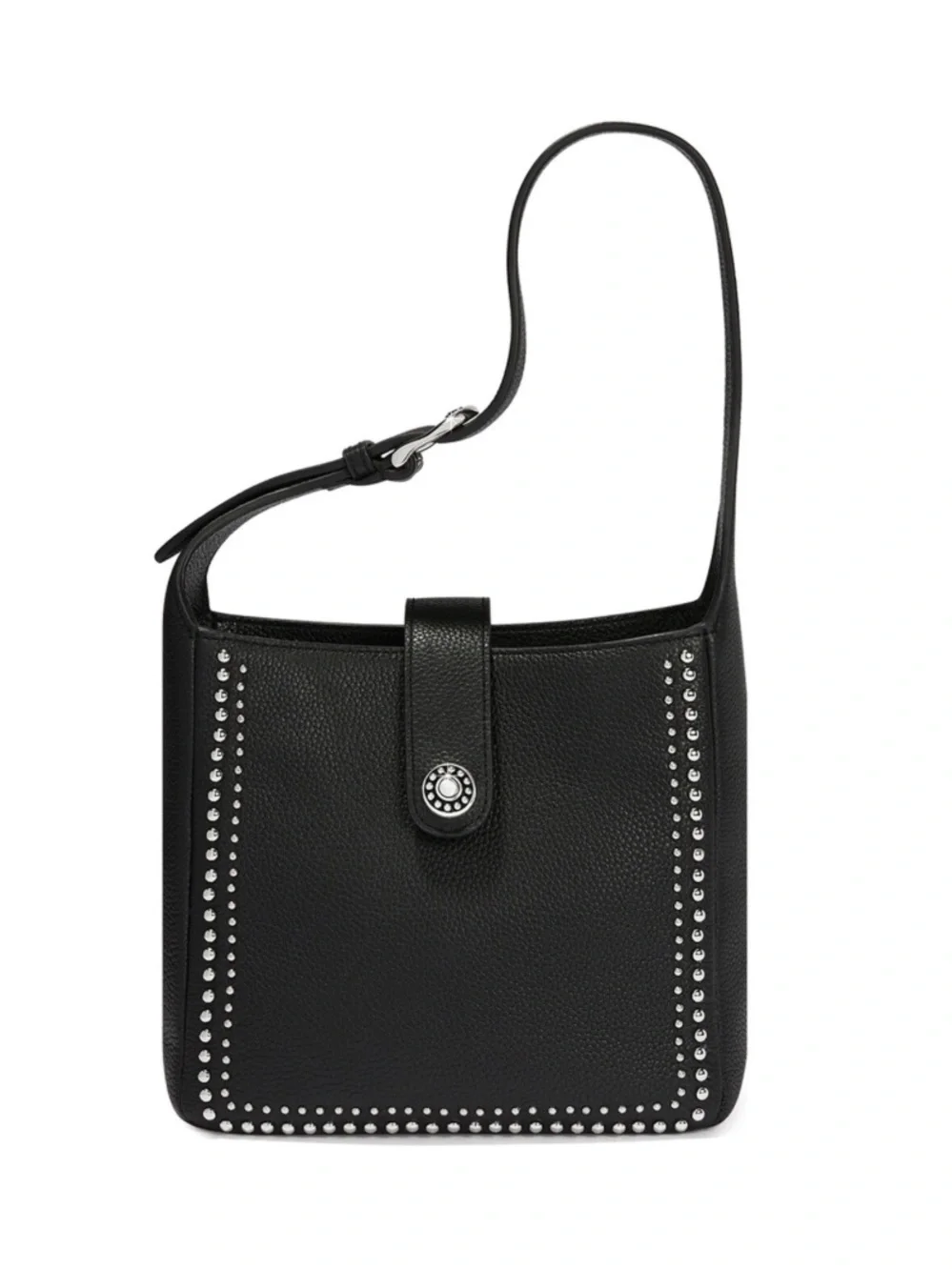 Studded Black Leather Shoulder Bag with Front Tab